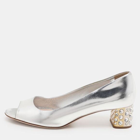 Miu Miu Silver Leather Crystal Embellished Block Heel Peep Toe Pumps Size 38.5,New Products : American Fashion Style Bags On Sale